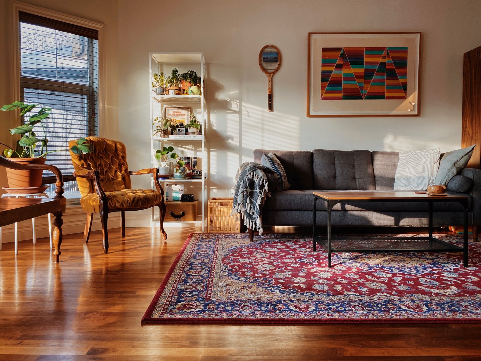 Cozy boutique Airbnb interior with warm natural lighting